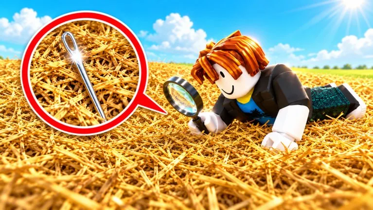Promotional art of a Roblox avatar searching a hay field with a magnifying glass, with a silver needle called out in a red bubble.